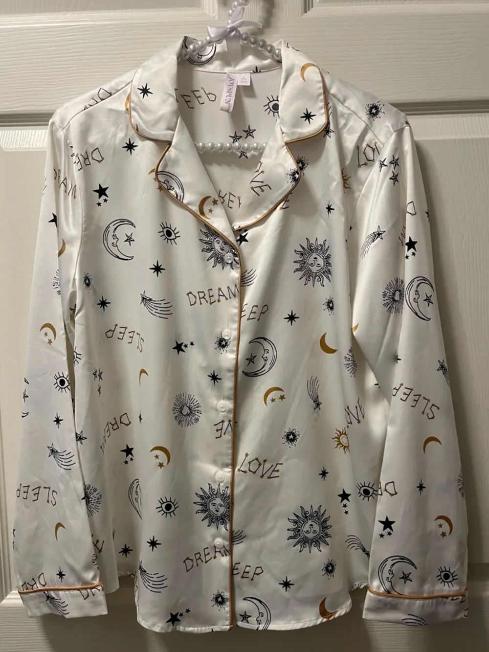 Joyspun 2Pc Women’s White Moon & Star Pj Shorts Set w/Gold Piping.‎ Size M